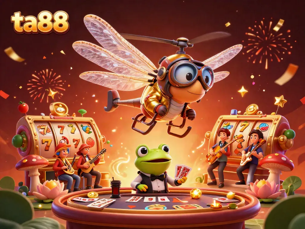 Win big with ta88, featuring a vibrant illustration of casino fun with a dragonfly pilot and frog croupier.