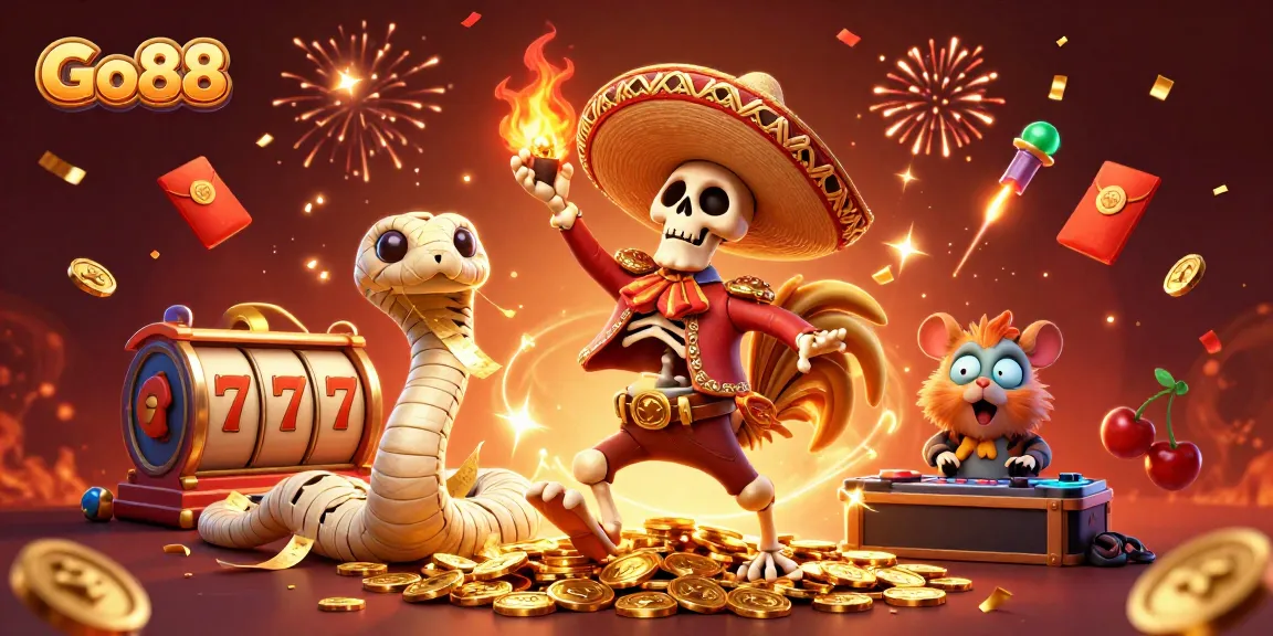 Go88 showcases a lively scene with a skeleton mariachi rooster celebrating on coins amid slot reels, emphasizing excitement.