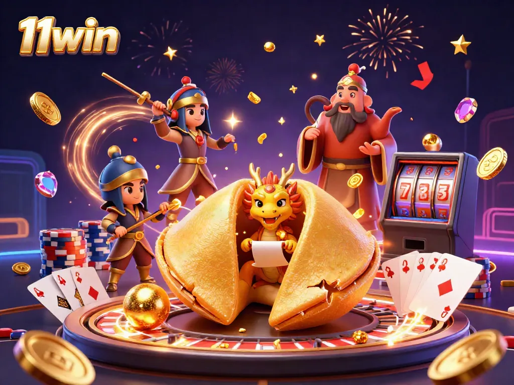 Experience thrilling gameplay at 11win with golden coins and lucky characters in a vibrant casino scene.