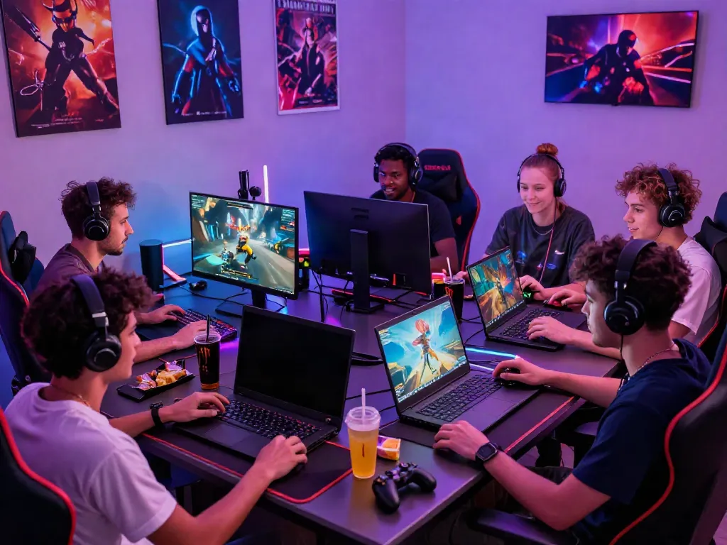 Engaged gamers around laptops in a vibrant gaming setup showcasing various game graphics and devices at https://nbet.group/.