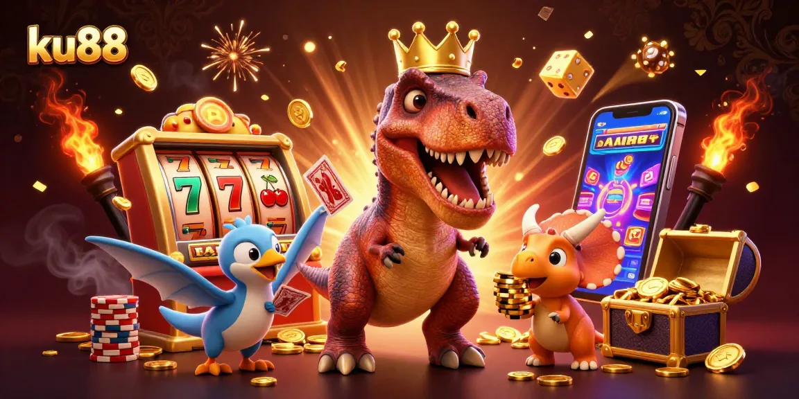 Experience thrilling moments at ku88 with a colorful jackpot scene featuring cartoon dinosaurs and casino games.
