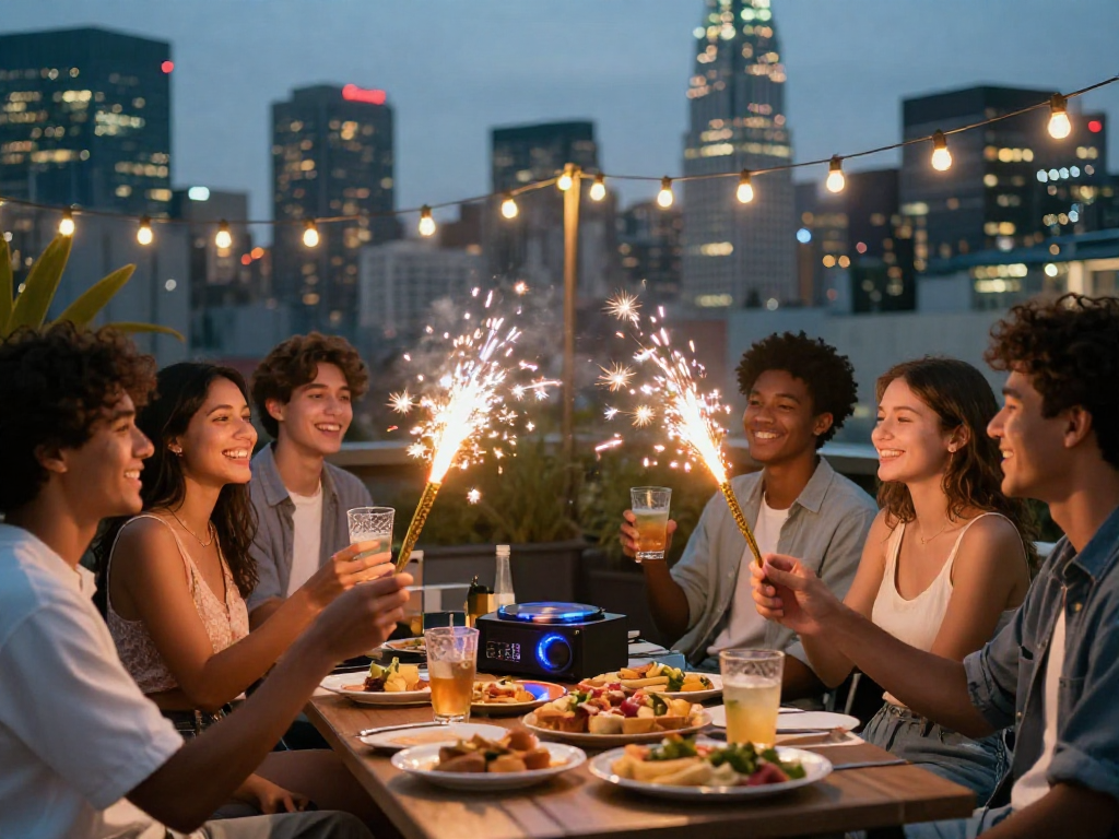 Young adults celebrating at rooftop gathering, connecting over rokok88 drinks in vibrant city setting.