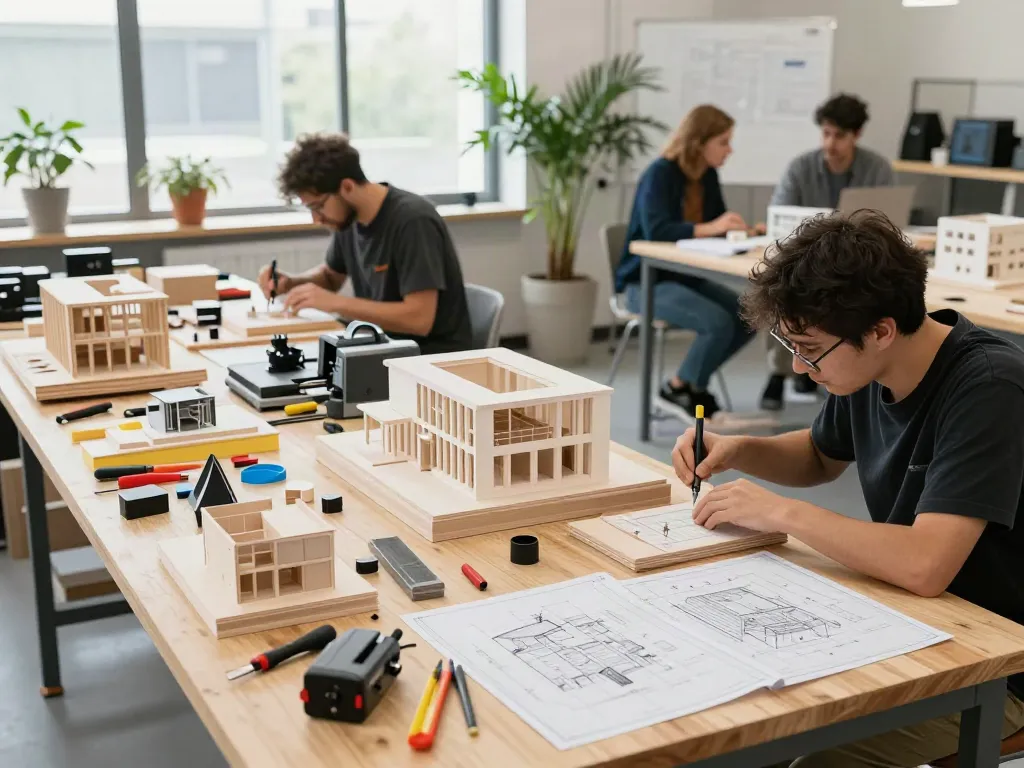 Präzise Entwurfsmodelle in einer modernen Werkstatt mit Handwerkern bei der Arbeit.