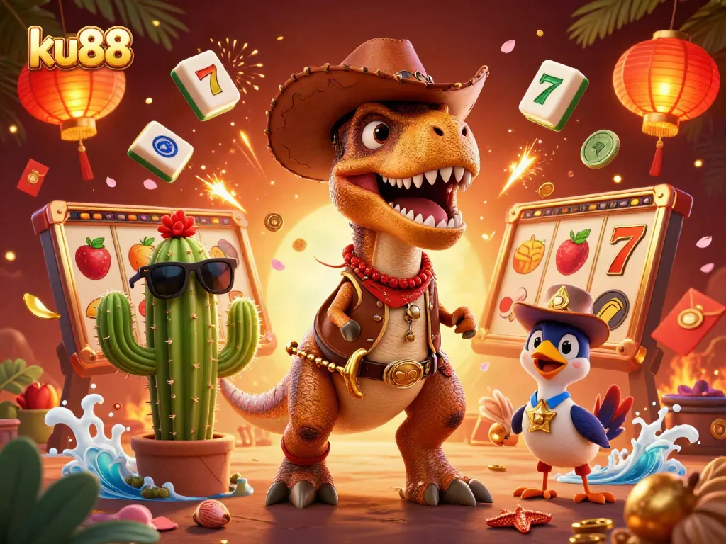 Experience thrilling slots with ku88 in this vibrant 3D casino illustration featuring dynamic characters.