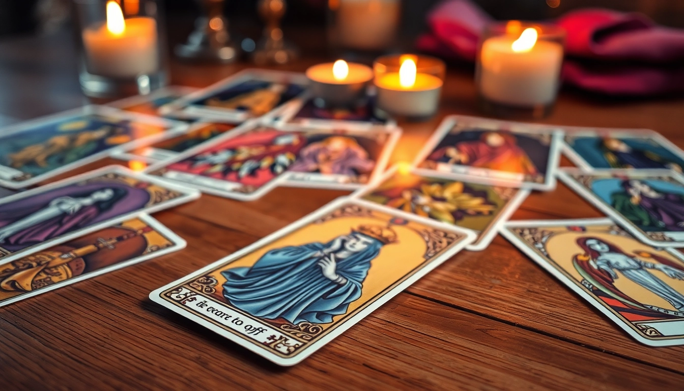 Entdecken Sie die tarotkarten bedeutung durch eine anschauliche Kartenauslage auf einem Holztisch.