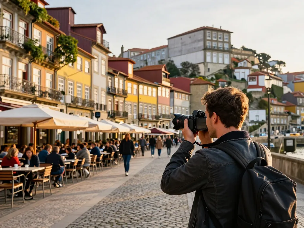 Reisetipps Porto: Reisender, der die lebhaften Straßen und historischen Sehenswürdigkeiten im frühen Morgenlicht von Porto festhält.