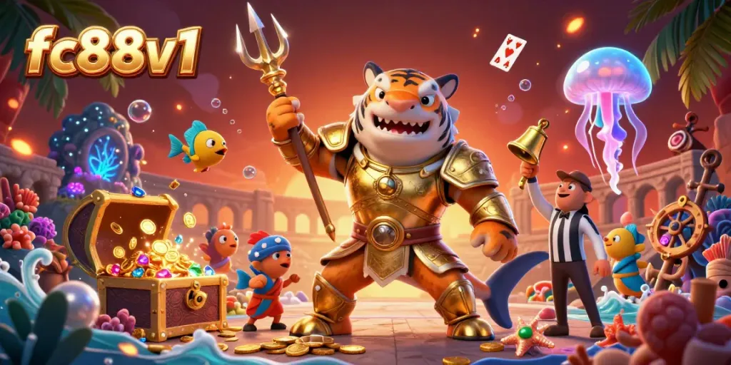 Engage in thrilling underwater adventures with fc88v1, where the tiger shark battles in a colosseum filled with treasures.