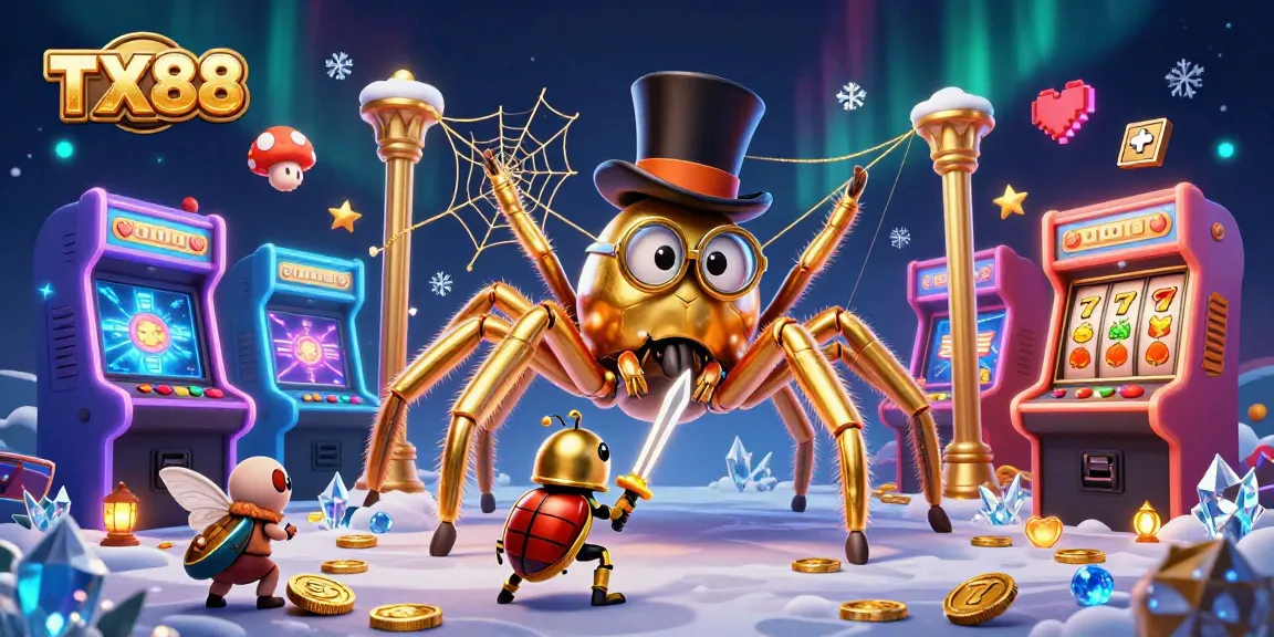 Engage with TX88's vibrant casino scene featuring a giant tarantula and beetle knight amidst arcade machines.