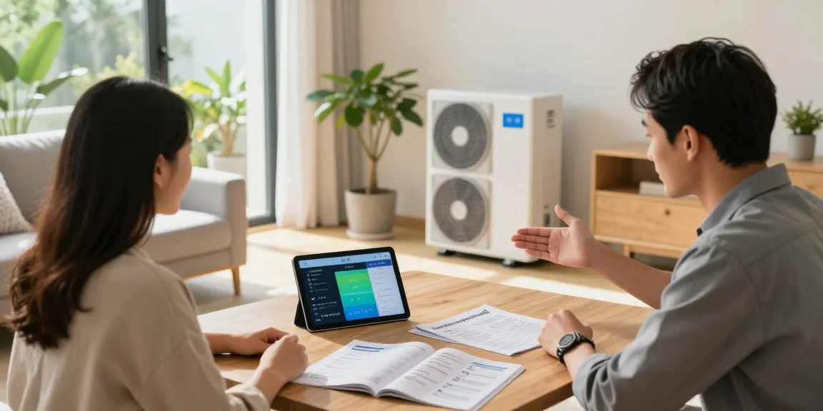 Couple learning about wärmepumpe kaufen options in a cozy living room with an energy-efficient heat pump.