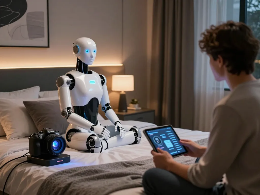 Engaging moment between a person and a human-like sex bot in a modern bedroom, showcasing advanced AI companionship.
