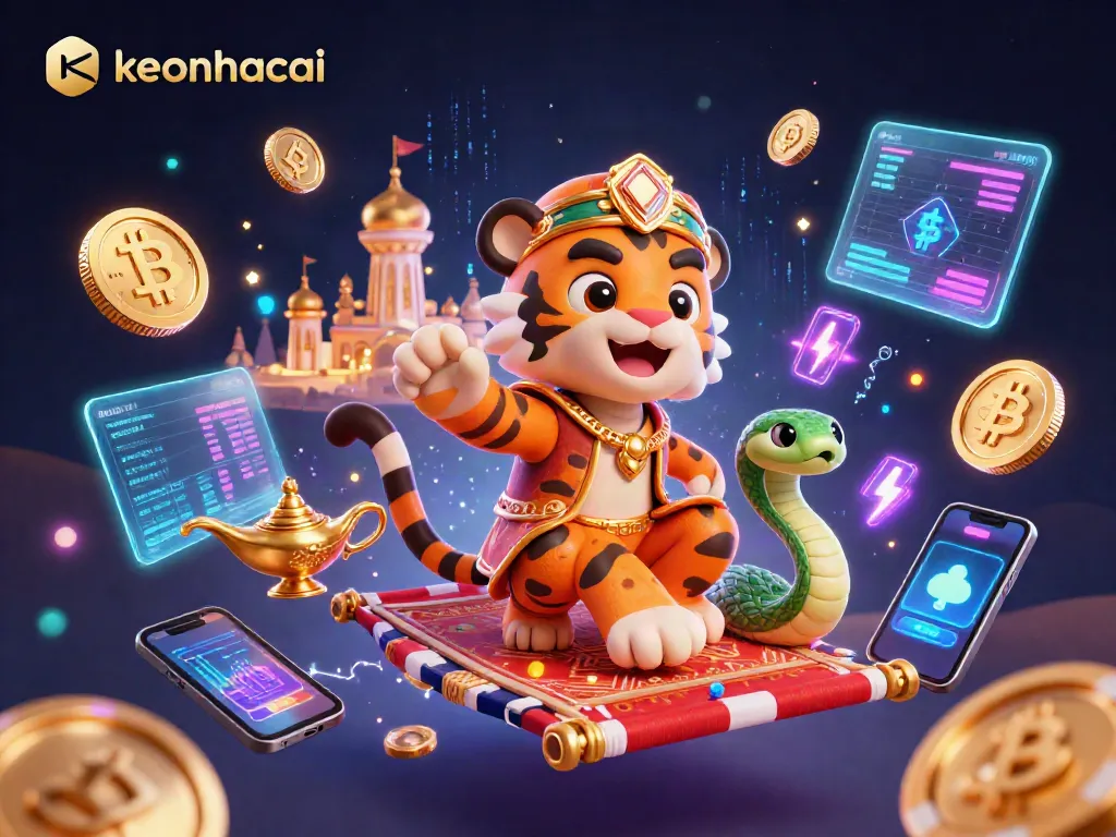 Experience thrilling action with keonhacai as a tiger sultan flies on a poker chip carpet amidst glowing cryptocurrencies.