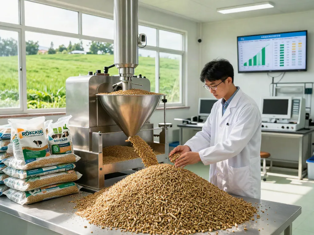 ROKOK88 login at a modern livestock feed production facility, showcasing high-quality animal feed pellets and nutrition analysis.