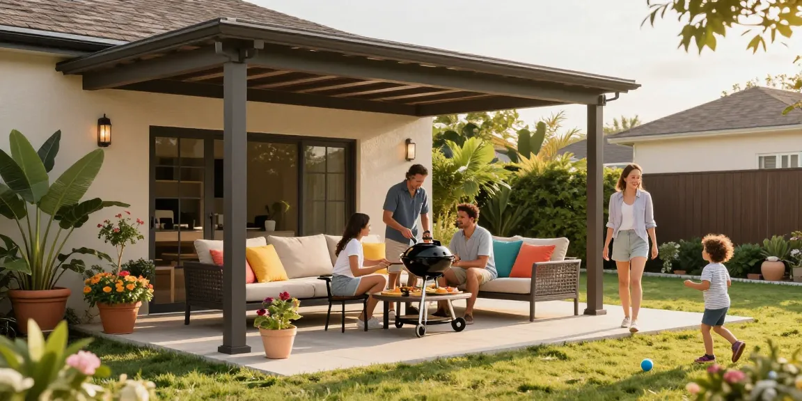 Schöne freistehende Terrassenüberdachung in modernem Garten mit Familie beim Grillen.