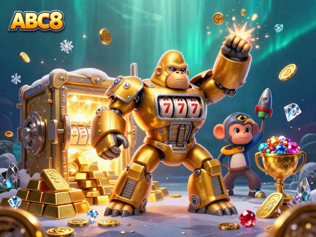 Experience thrilling wins at ABC8 with an energetic 3D illustration filled with jewels and slot machines.