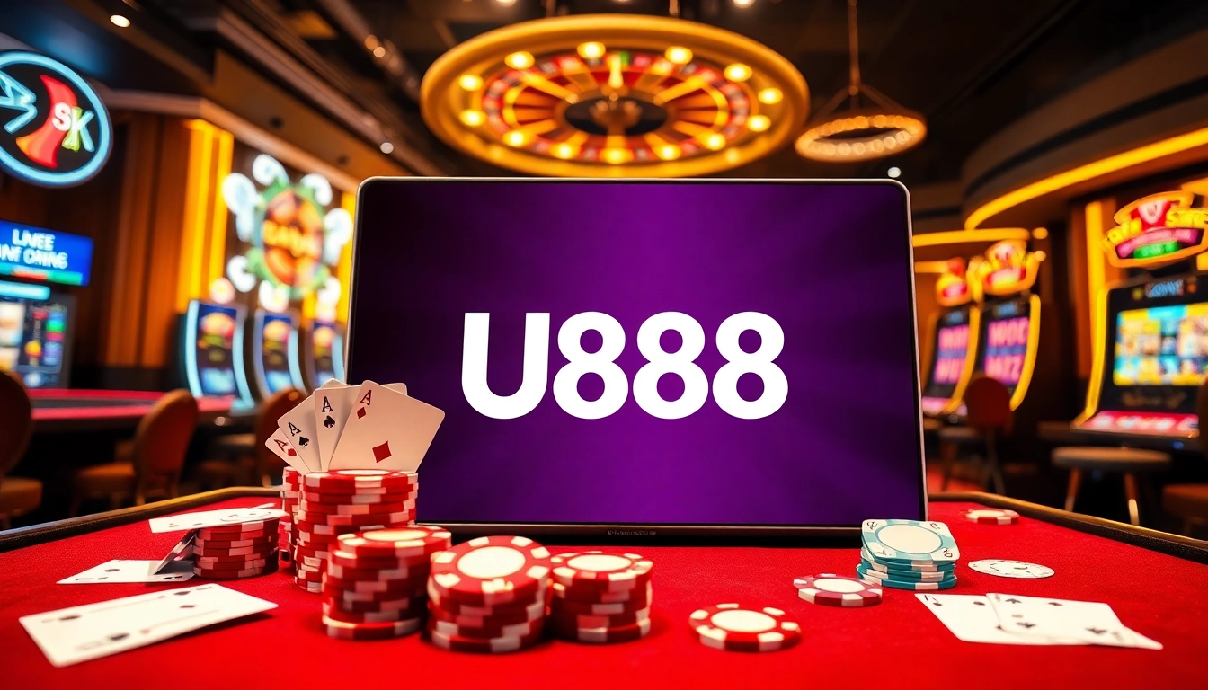 Experience the thrilling gameplay at Trang chủ U888 with vibrant casino visuals featuring poker chips and roulette.