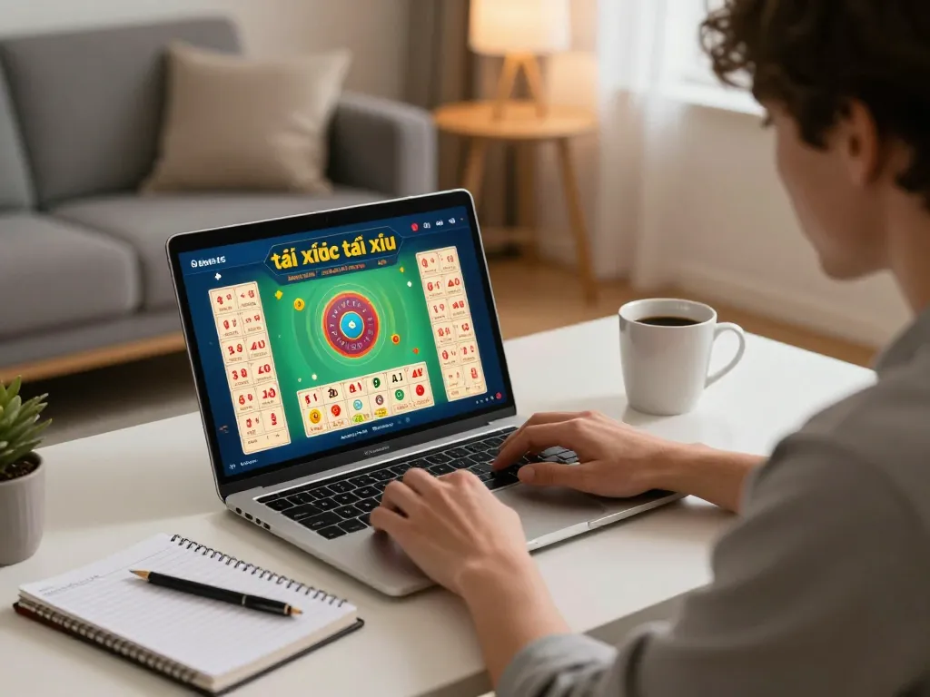 Engaging in a strategic online tài xỉu gameplay session at home with a laptop and notes.