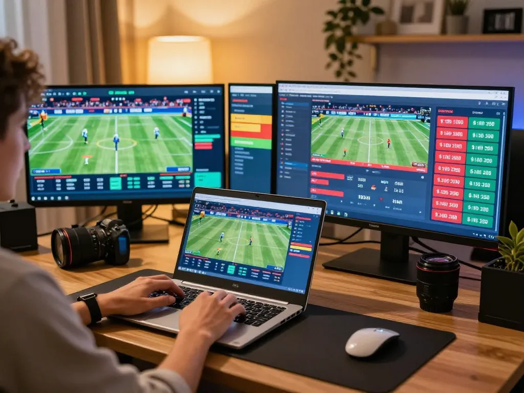 Person placing bets on vipwin.com from a cozy home office with multiple screens showing live sporting events.