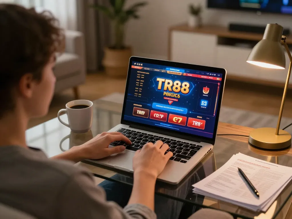Player engaging with the TR88 online casino interface, enjoying a relaxed gaming session from home.