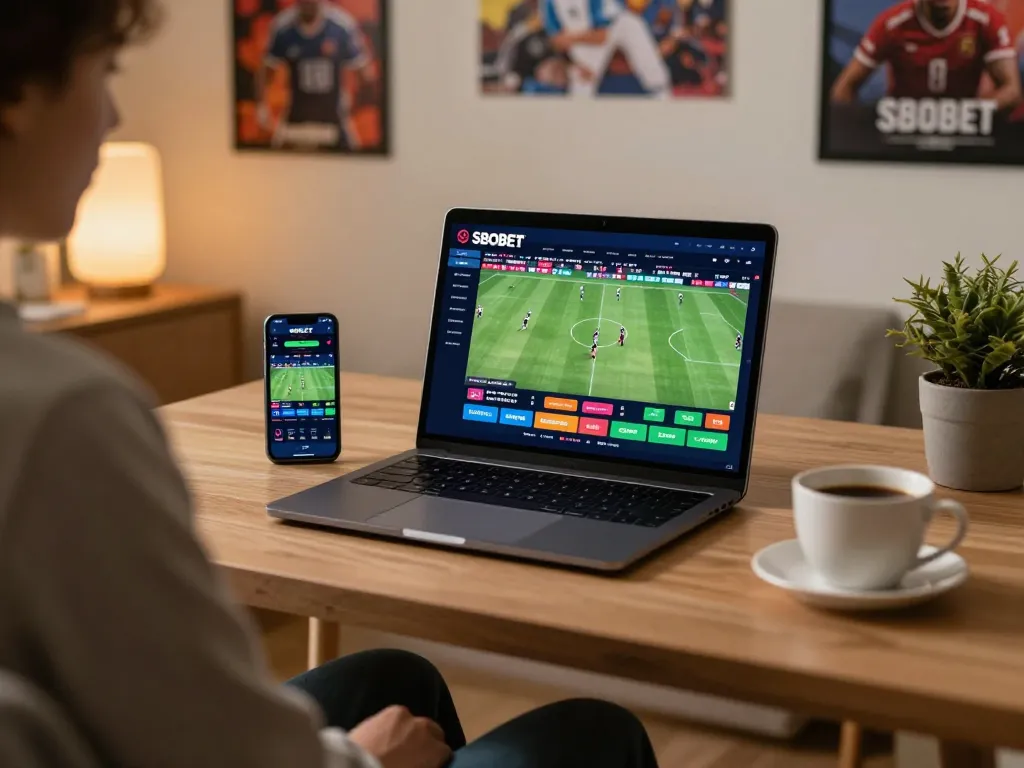 Antarmuka SBOBET ditampilkan di laptop selama taruhan olahraga online, menciptakan lingkungan bermain yang nyaman di rumah.