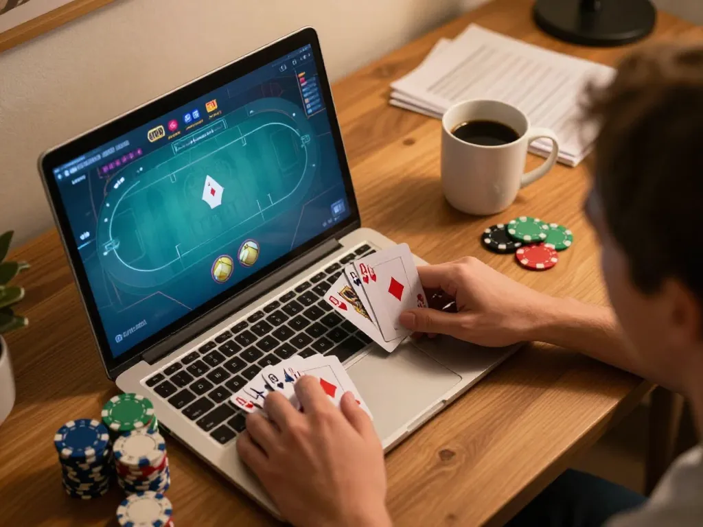 Player engaging in a thrilling poker game on 23Win, showcasing strategic gameplay and cozy home setting.
