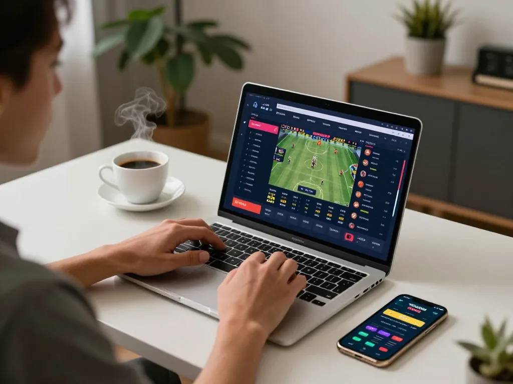 Engaging in kèo nhà cái trực tiếp betting on a laptop at home, showcasing responsible gaming.