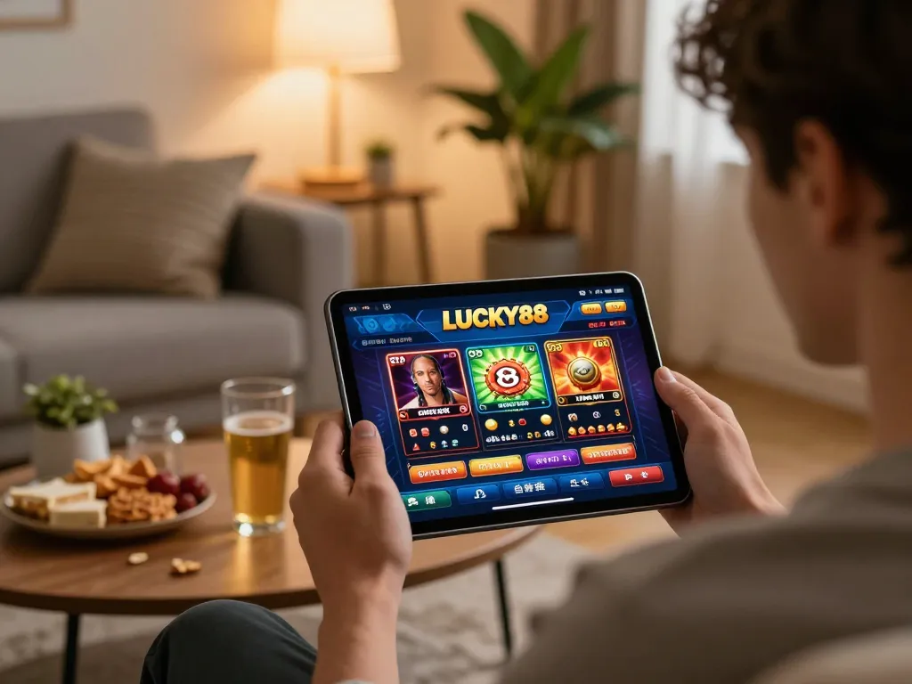LUCKY88 betting interface displayed on tablet in a cozy home environment with drinks and snacks.