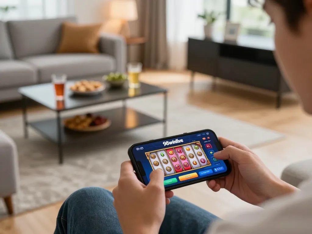 A person enjoying mobile gambling with 98winlive app while relaxing at home