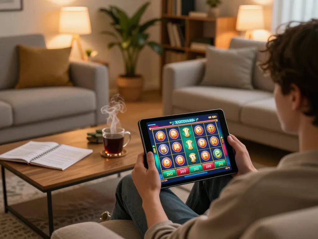 Engaging with slots on XOCDIA88 from a cozy home, showcasing an inviting gaming setup.