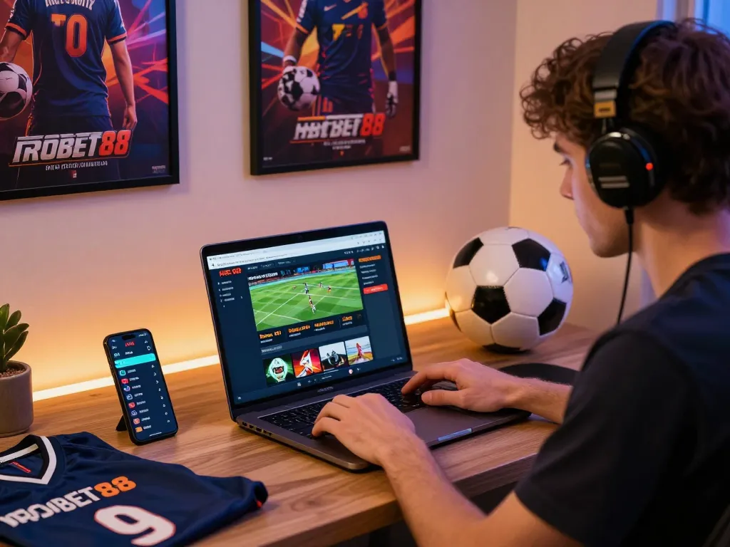 SBOBET88 online betting scene with laptop, smartphone, and sports memorabilia, engaging atmosphere