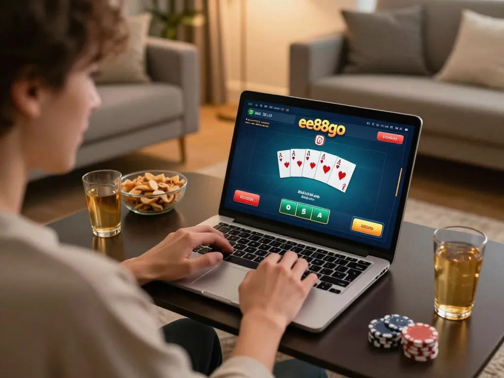 Play poker online at ee88go using a laptop in a cozy living room, engaging with easy access to gambling action.
