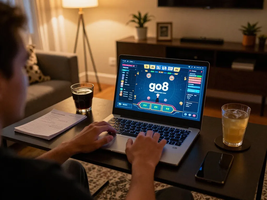 Engaging in the game go8 online from a cozy home setup with a laptop and notes