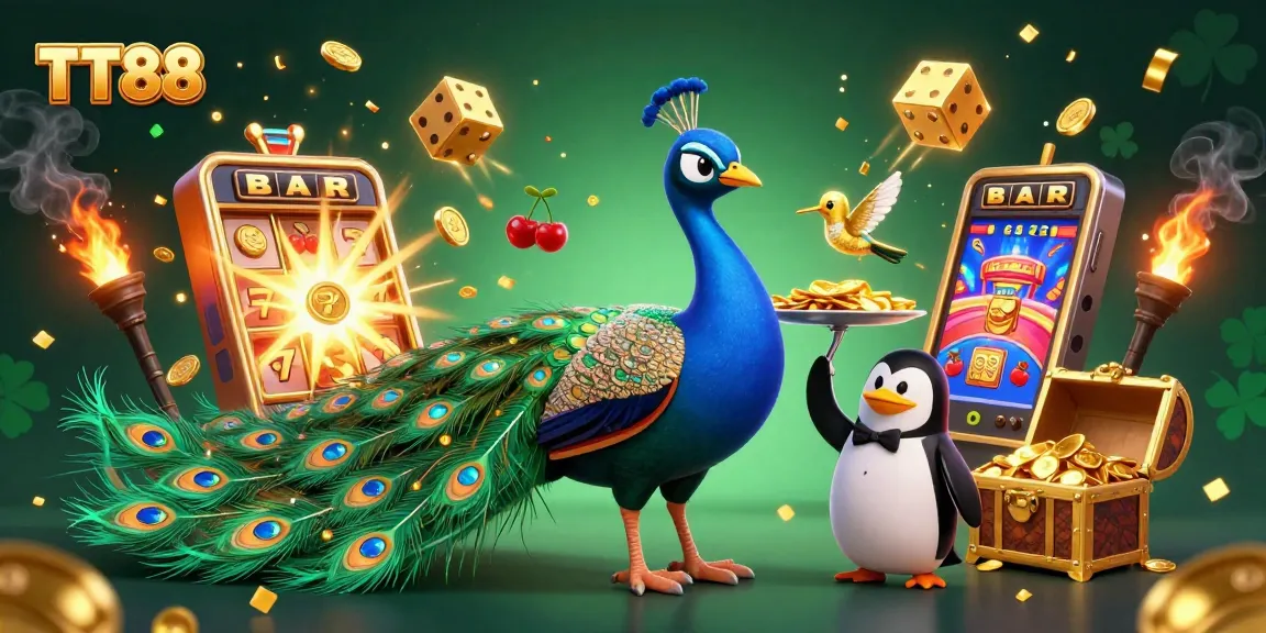 Engage with TT88's vibrant casino scene featuring an aristocratic peacock and a butler penguin.