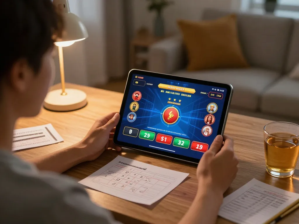 Engaged player enjoying online gambling at home with nhà cái lc88 on tablet and strategy notes nearby.
