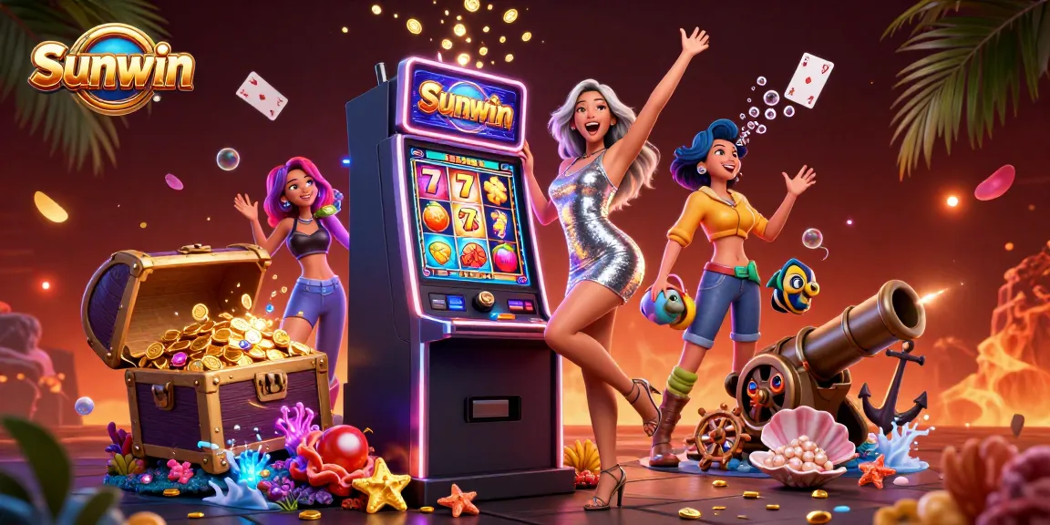Experience thrilling wins with Sunwin at a vibrant virtual slot machine, celebrating a jackpot.