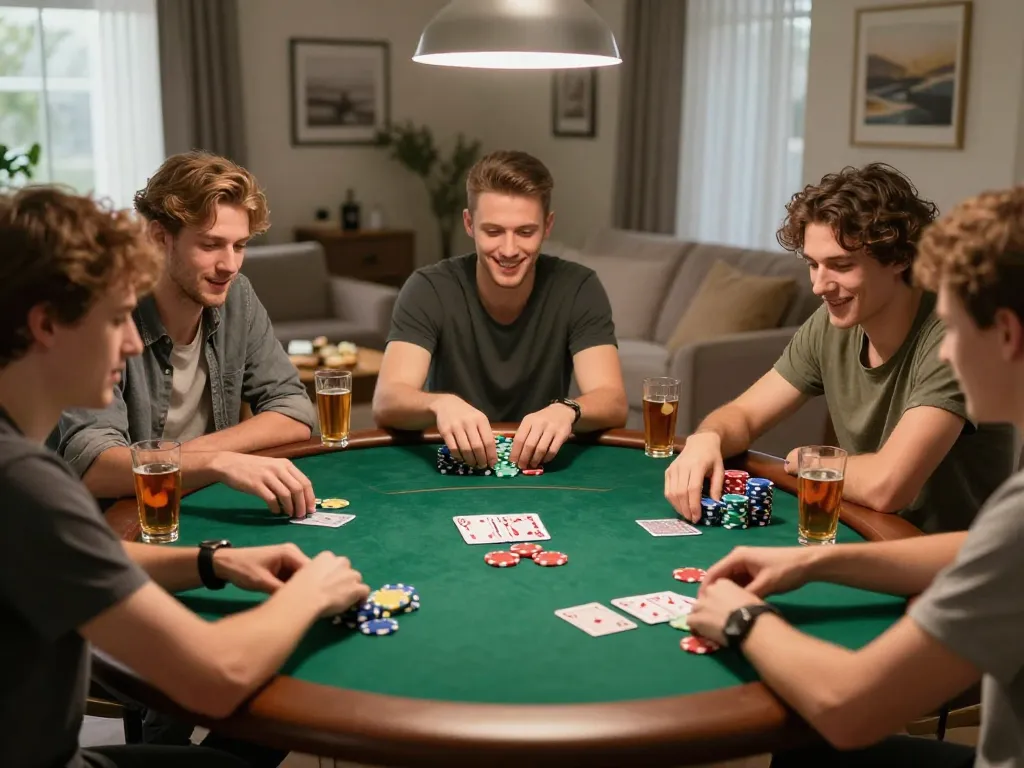 Friends playing poker together, highlighting the engaging experience at nhà cái dn88 with colorful chips and cards.