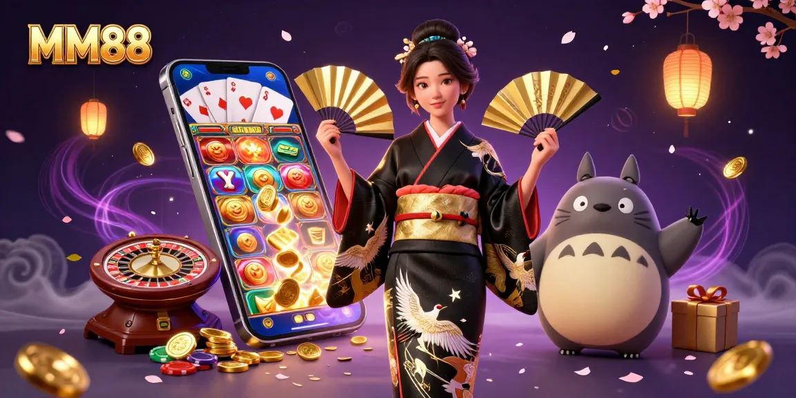 MM88 features an Asian woman and wise tanuki amidst vibrant casino elements, bringing excitement to gaming.