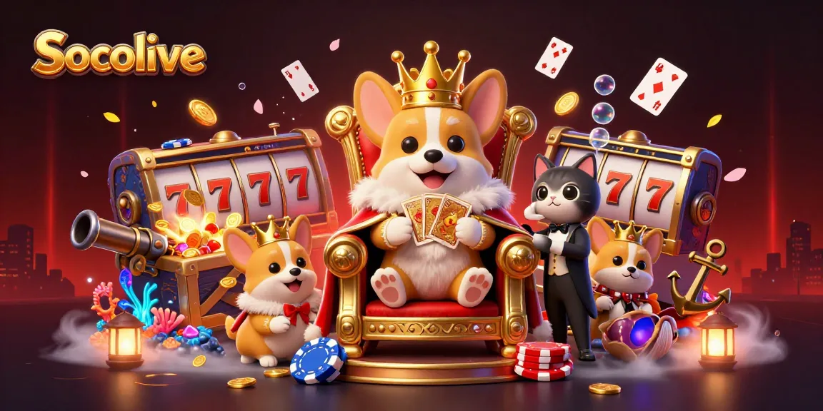 Socolive delivers a rich gambling experience featuring slots elements with a royal corgi on a throne.