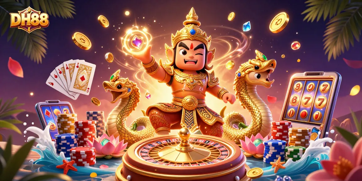 DH88 celebrates winning with a dazzling casino scene featuring temple guardians and vibrant gaming elements