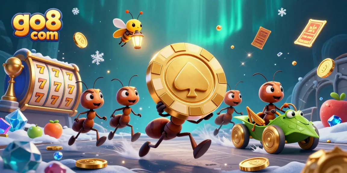 Engage in thrilling gameplay at go8 com with a dynamic illustration of ants heisting a giant poker chip.