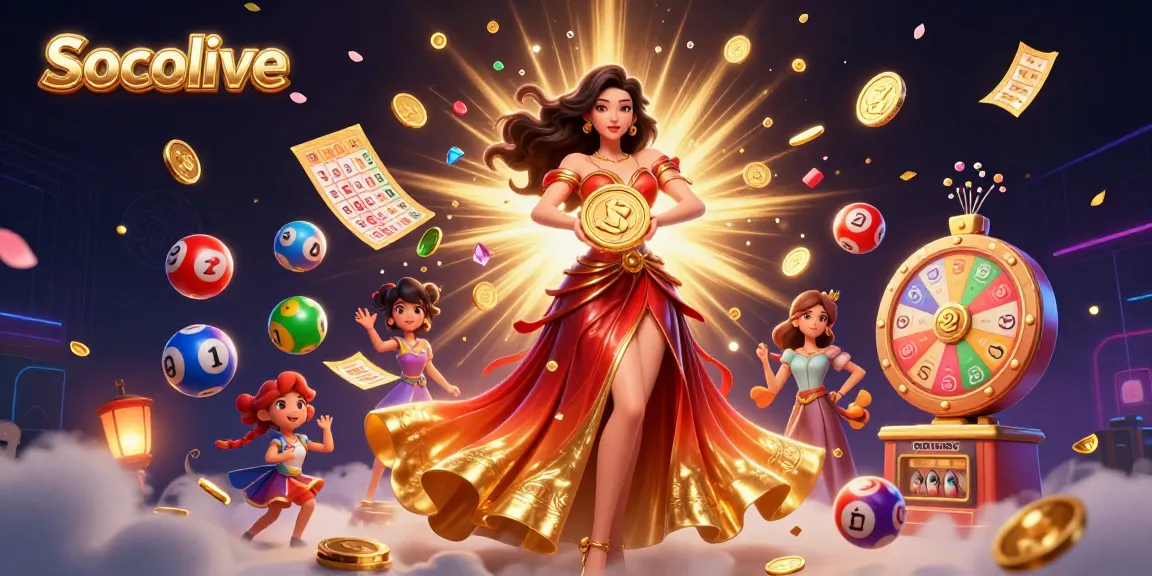 Socolive offers thrilling lottery gaming experiences with vibrant lottery elements flying above an elegant character.