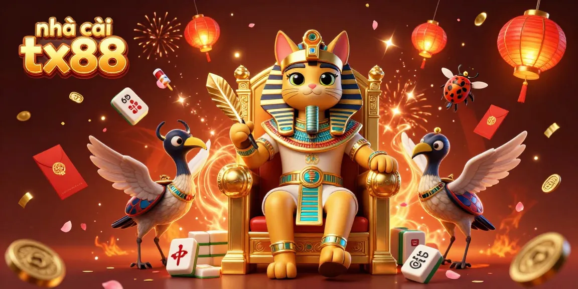 Immerse in the winning thrill at nhà cái tx88 with the pharaoh cat surrounded by vibrant casino elements.