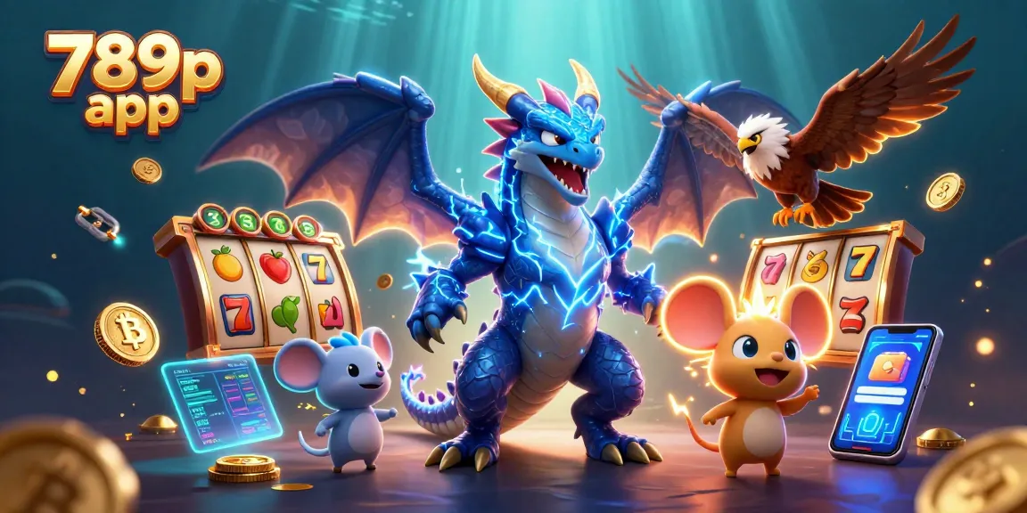 Engage with the 789p app in a vibrant casino scene featuring slot reels and dynamic characters.