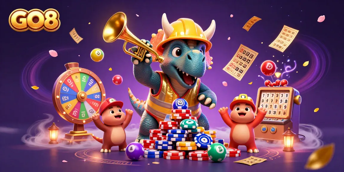 Experience GO8's vibrant gaming celebration with a triceratops and lottery elements bursting with excitement!
