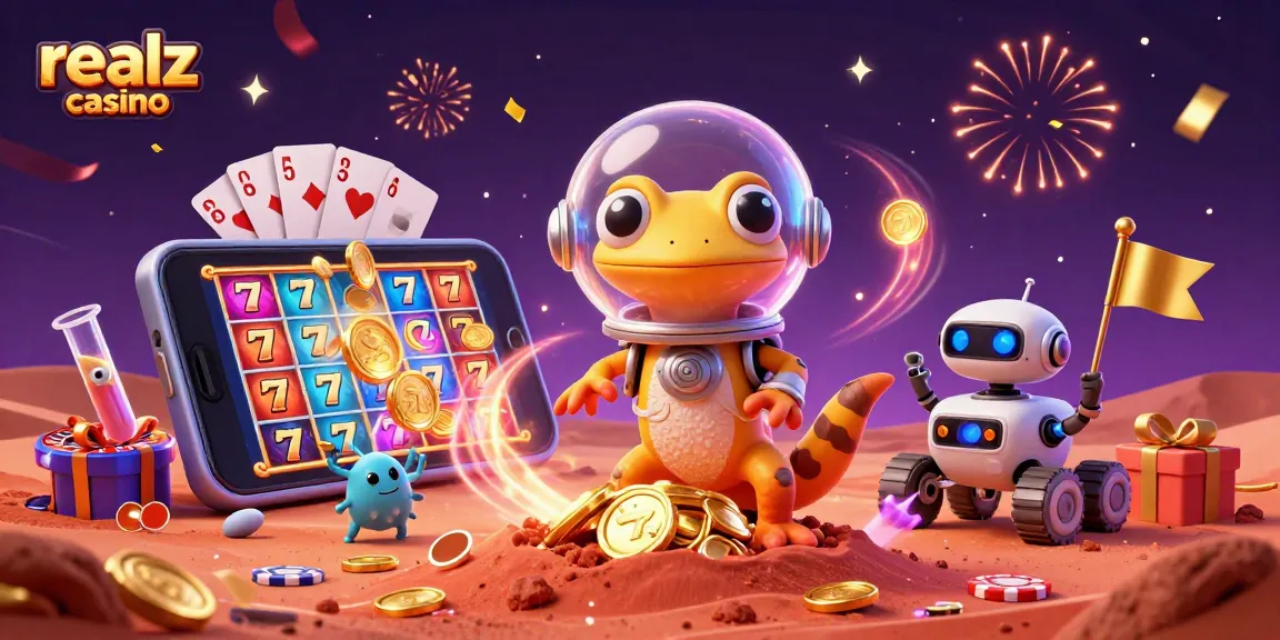 Experience the thrill of realz casino with a Martian gecko discovering a golden casino.