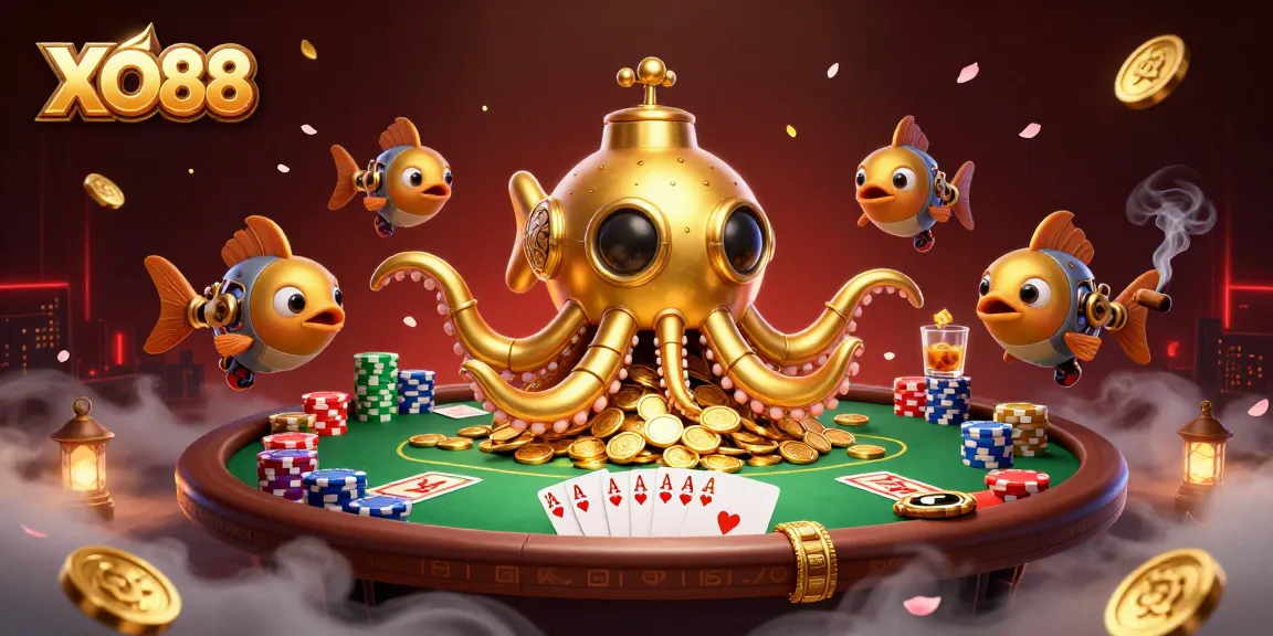 Engage in thrilling gameplay at XO88, with a vibrant casino scene featuring poker chips and cards.