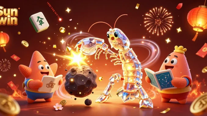 Sun win gaming experience illustrated with vibrant 3D characters, explosions of coins, and festive decorations.