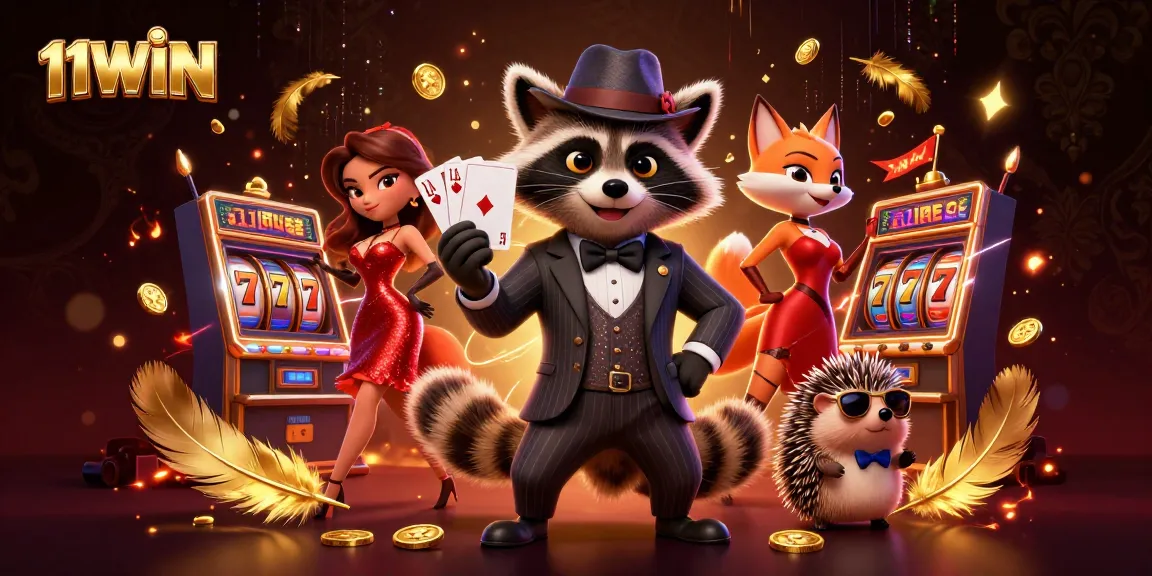 Experience the excitement of 11WIN with a suave raccoon, a charming fox, and rich casino elements.