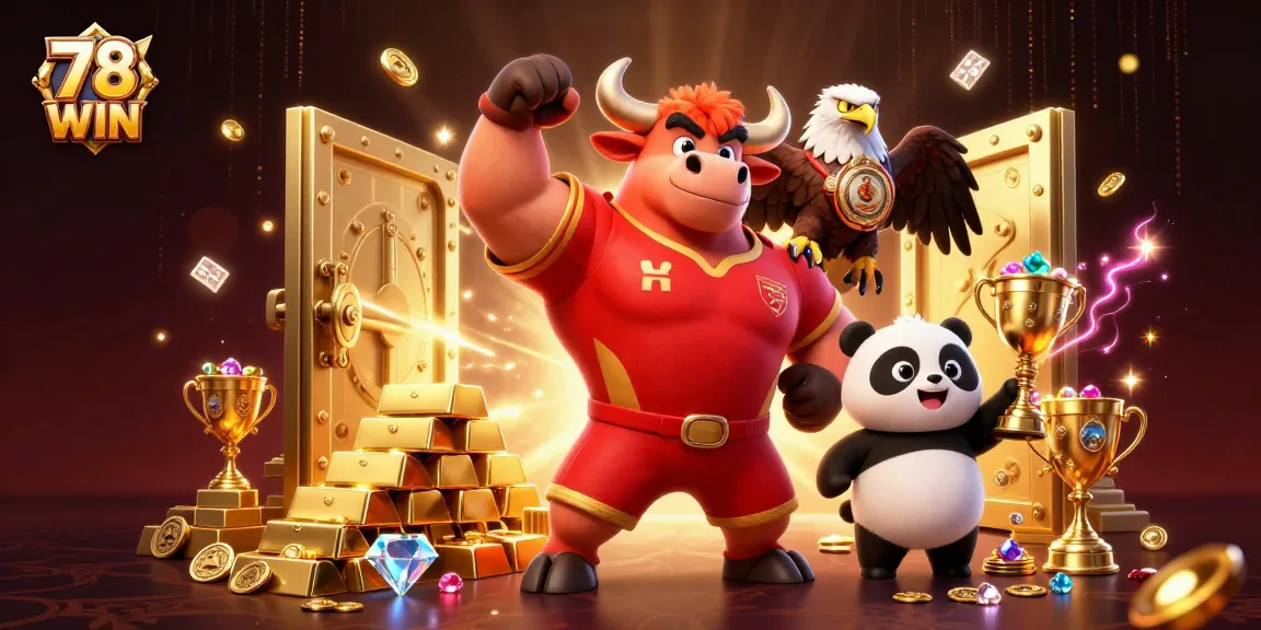 Experience thrilling wins at 78 WIN, featuring dynamic characters in an exciting casino scene with treasures and gaming elements.