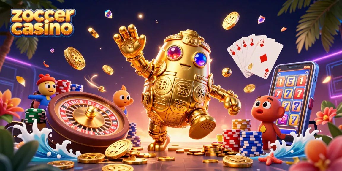 Zoccer casino invites players into an exciting scene with a golden golem, dazzling games, and vibrant casino elements.