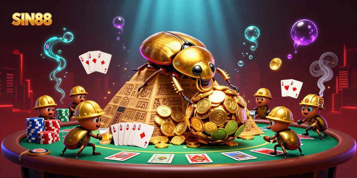 SIN88 showcases a massive golden beetle rolling coin treasures, embodying casino excitement.